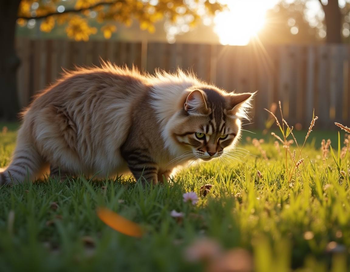 Cat crouches in tall grass, its sharp gaze fixed on a small insect nearby. The warm golden light of sunset and a wooden garden fence frame the scene.