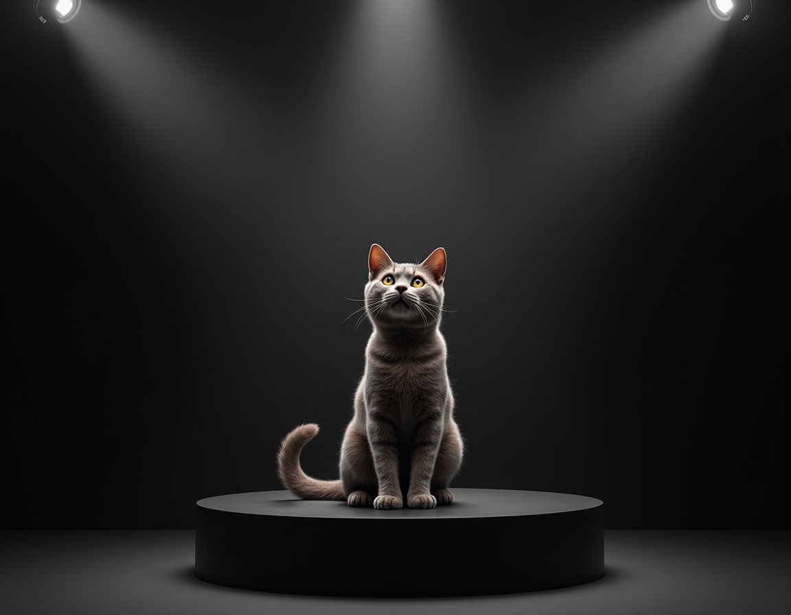 Photorealistic studio portrait of cat sitting elegantly on a black podium under a bright spotlight.