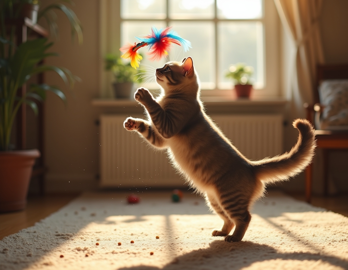 Cat leaps into the air, its paws reaching for a multicolored feather toy that flutters enticingly, bathed in golden sunlight in a cozy room.
