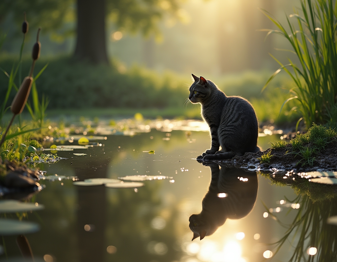 Cat observes a serene countryside pond, reflected in its still waters.