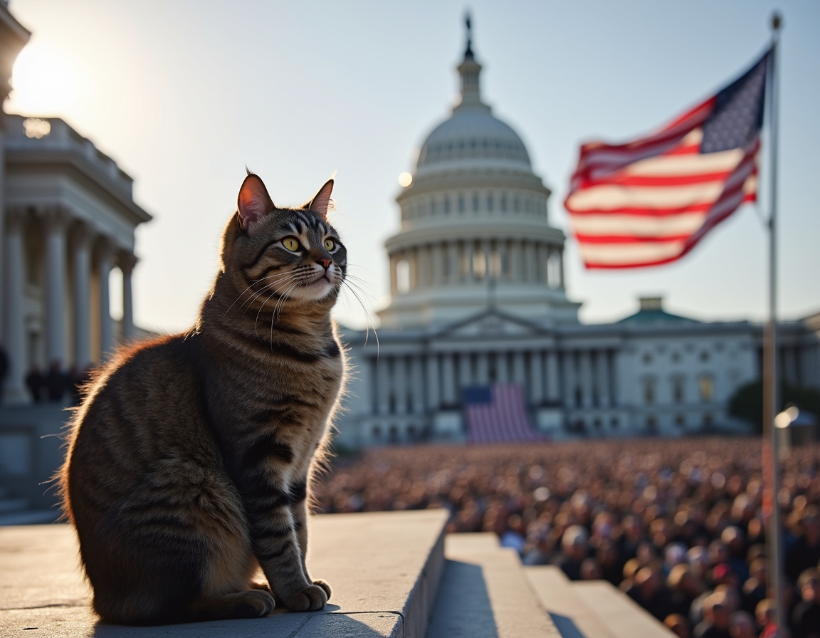 Cat on the Capitol steps during a historic inauguration, surrounded by flags and cheering crowds.