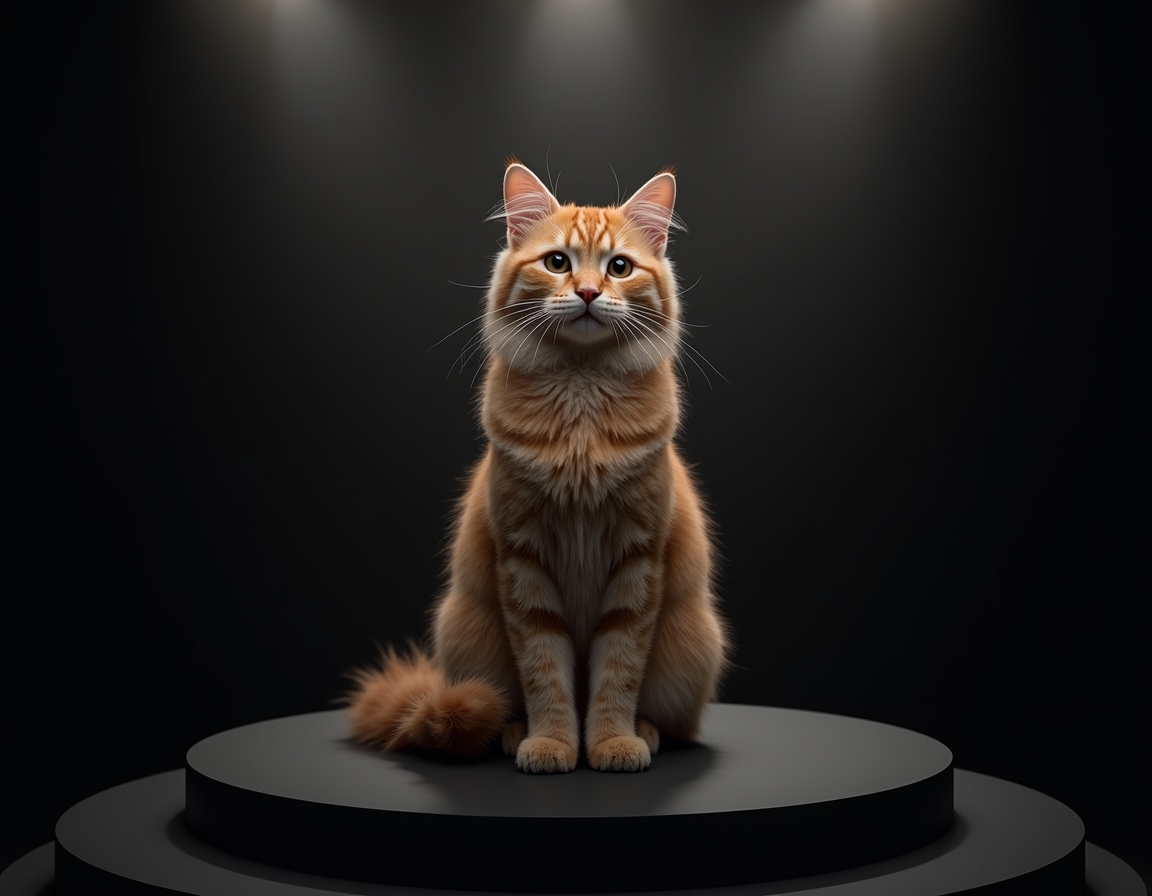 Photorealistic studio portrait of cat sitting elegantly on a black podium under a bright spotlight.