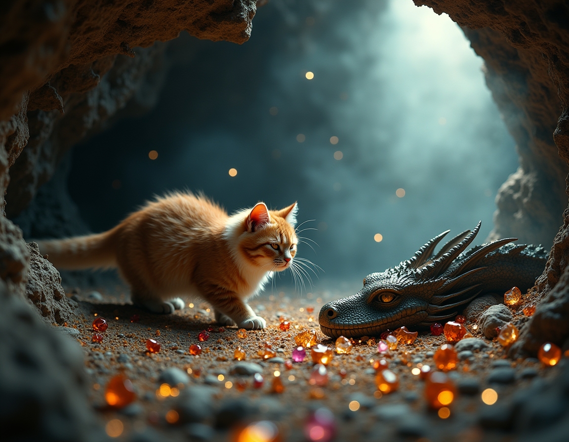 Cat explores a hidden cavern where a dragon slumbers among piles of glittering gems. Subtle beams of light illuminate the cat’s cautious journey through this fantastical realm.