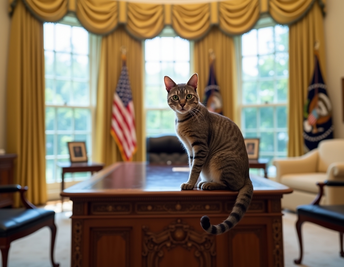 Cat perched on the Resolute Desk in the Oval Office, basking in the dignified atmosphere of the new administration.