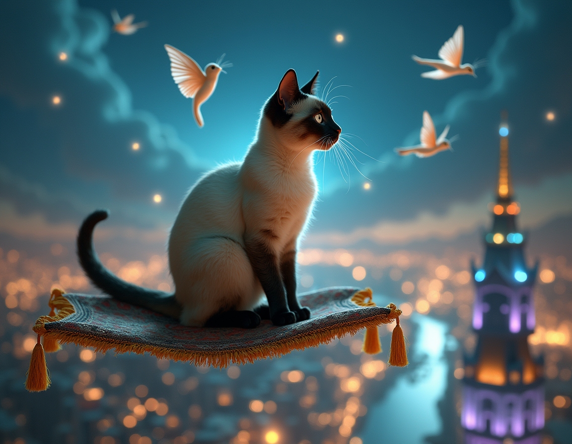Cat sits on a flying carpet, soaring above a magical city illuminated by sparkling lights. The cat gazes at shimmering buildings and magical creatures floating around it