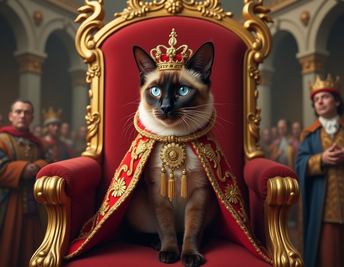 Cat poses regally on a golden throne inside a castle, wearing a crown and cape. Ornate royal decorations surround the scene.