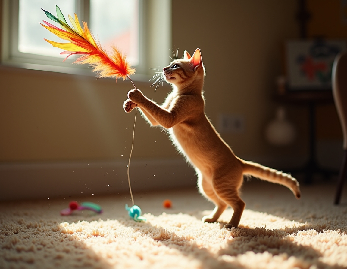 Cat leaps into the air, its paws reaching for a multicolored feather toy that flutters enticingly, bathed in golden sunlight in a cozy room.