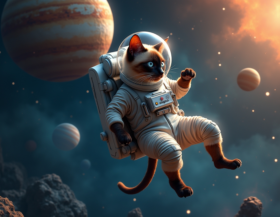 Cat floats weightlessly in space, wearing a high-tech spacesuit. Vibrant planets, shining stars, and distant nebulae create a stunning cosmic backdrop.