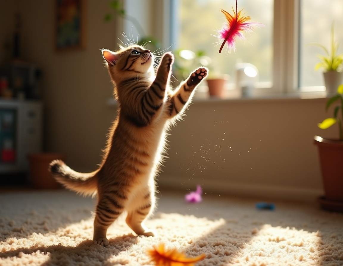 Cat leaps into the air, its paws reaching for a multicolored feather toy that flutters enticingly, bathed in golden sunlight in a cozy room.