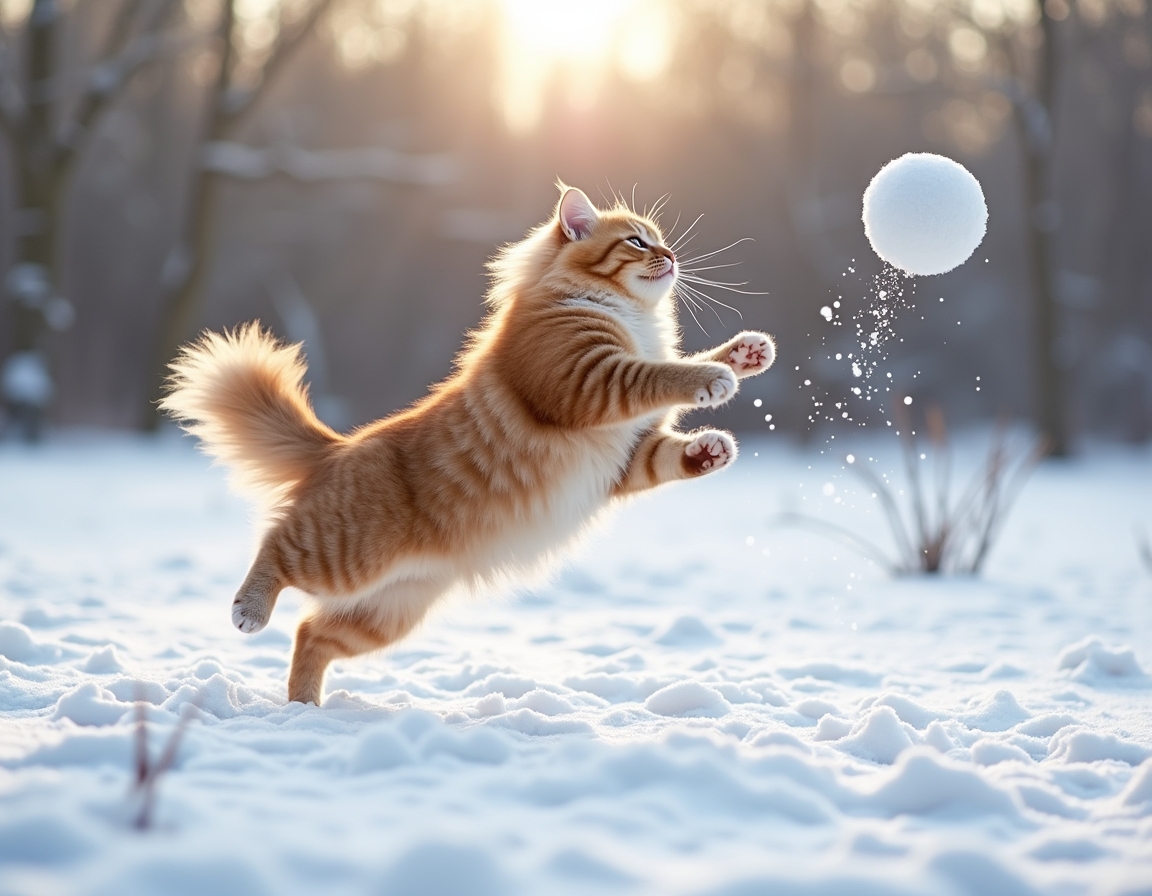 Cat leaps into the air, playfully trying to catch a snowball as it enjoys the winter wonderland with enthusiasm and excitement.