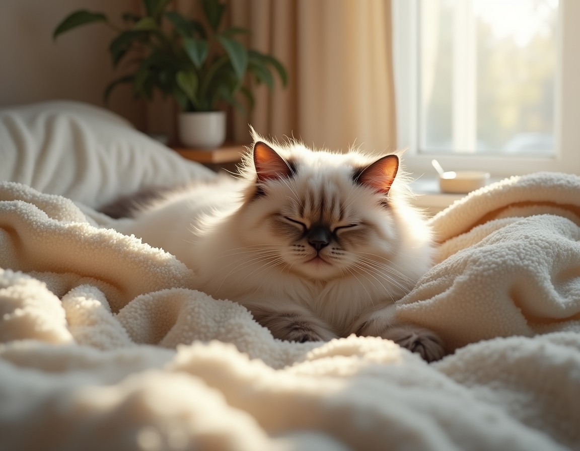 Cat is nestled under soft blankets on a bed, its eyes half-closed in peaceful relaxation. Morning sunlight streams through a nearby window, highlighting the soft textures of the bedding.