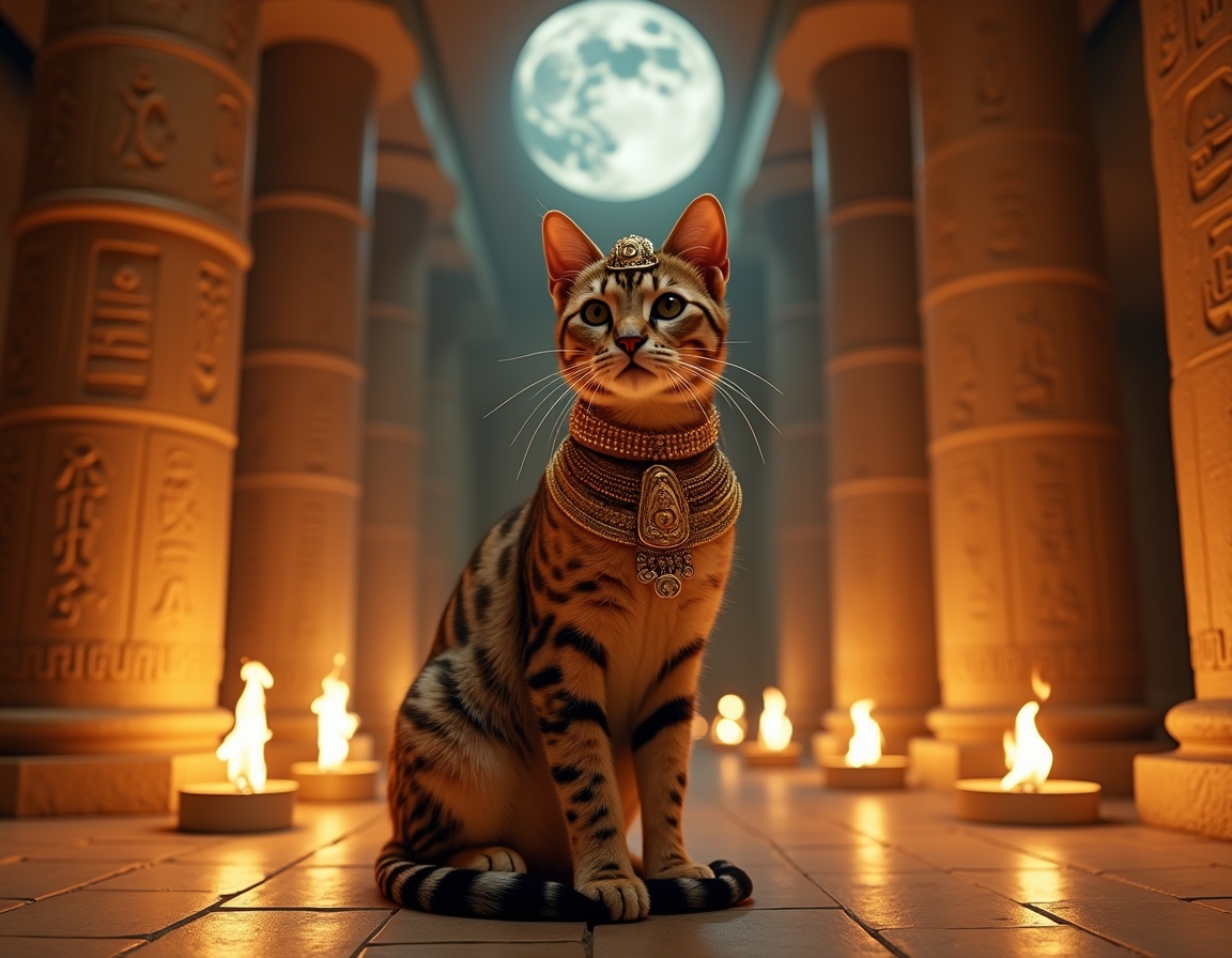 Cat dressed in luxurious golden regalia sits in an ancient Egyptian temple at night, surrounded by hieroglyphs and lit torches. The cat exudes the aura of a revered feline goddess, capturing the timeless majesty of ancient Egypt.