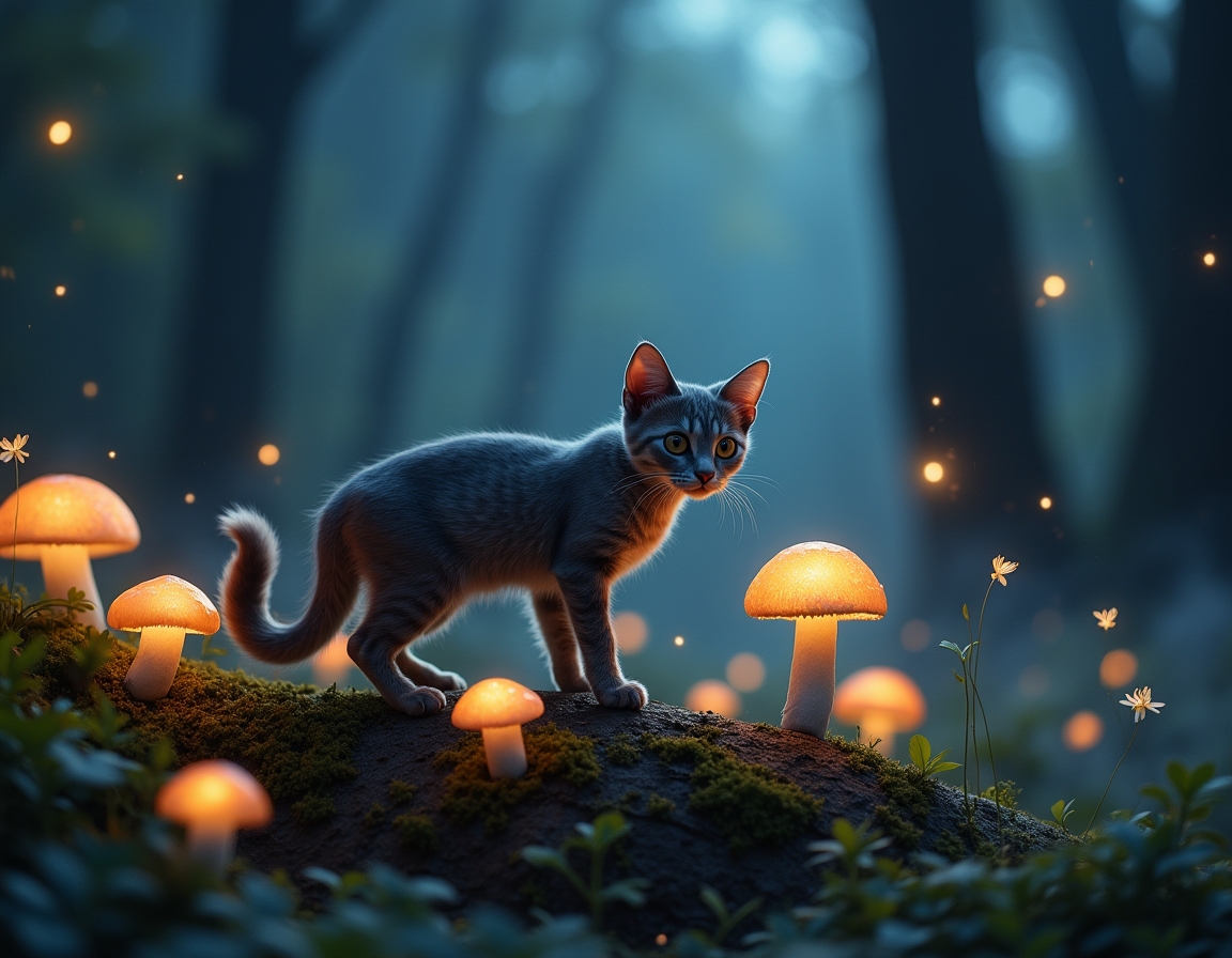 Cat explores a twilight forest alive with bioluminescent mushrooms, sparkling fireflies, and fluttering fairies. The scene captures a sense of enchantment and mystery under the soft glow of moonlight.