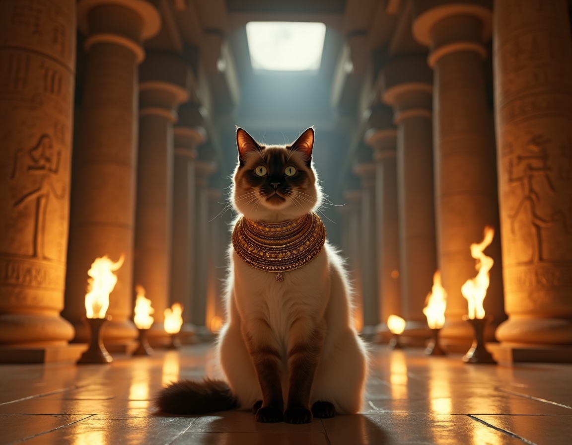Cat dressed in luxurious golden regalia sits in an ancient Egyptian temple at night, surrounded by hieroglyphs and lit torches. The cat exudes the aura of a revered feline goddess, capturing the timeless majesty of ancient Egypt.