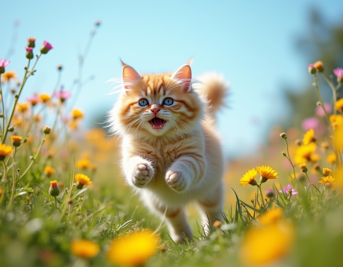 Cat enjoys the beauty of a flower-filled meadow, exploring the bright and colorful setting.