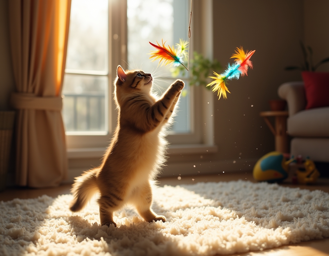 Cat leaps into the air, its paws reaching for a multicolored feather toy that flutters enticingly, bathed in golden sunlight in a cozy room.