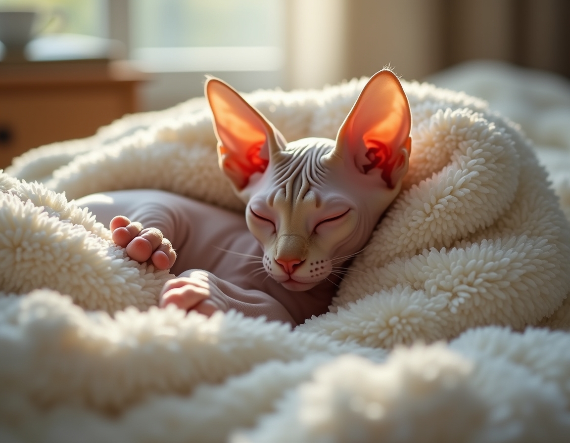 Cat is nestled under soft blankets on a bed, its eyes half-closed in peaceful relaxation. Morning sunlight streams through a nearby window, highlighting the soft textures of the bedding.