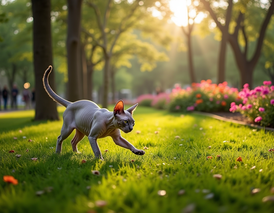 Cat enjoys a lively city park, playing and exploring the greenery amidst the urban backdrop.