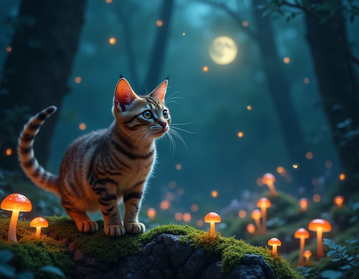 Cat explores a twilight forest alive with bioluminescent mushrooms, sparkling fireflies, and fluttering fairies. The scene captures a sense of enchantment and mystery under the soft glow of moonlight.