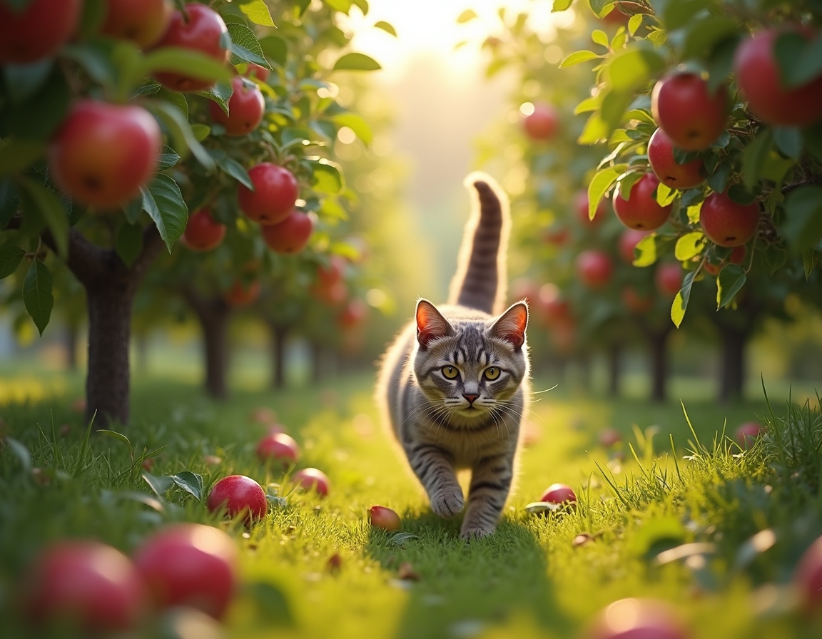Cat explores an orchard filled with fragrant fruit and dappled sunlight.