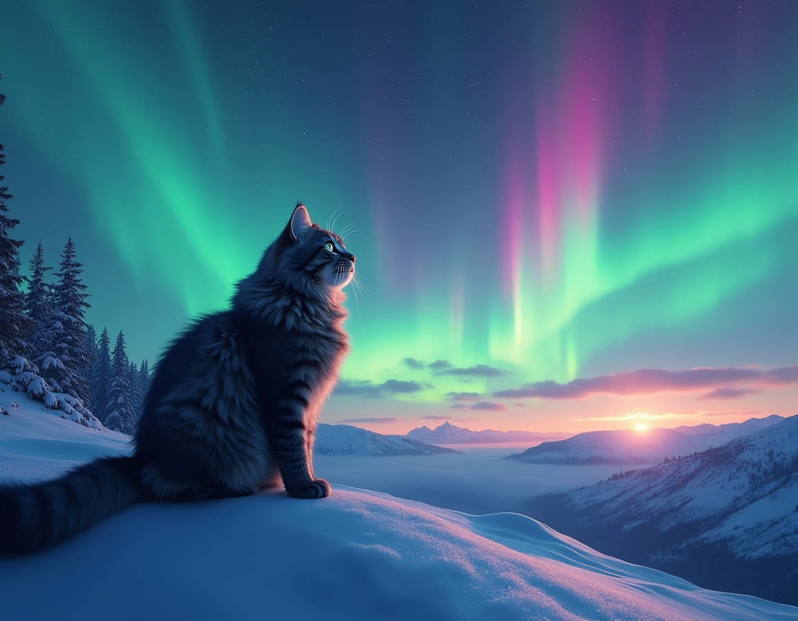 Cat watches in awe as the Northern Lights light up the night sky, casting vibrant colors across the snowy landscape, creating a surreal and magical winter adventure.