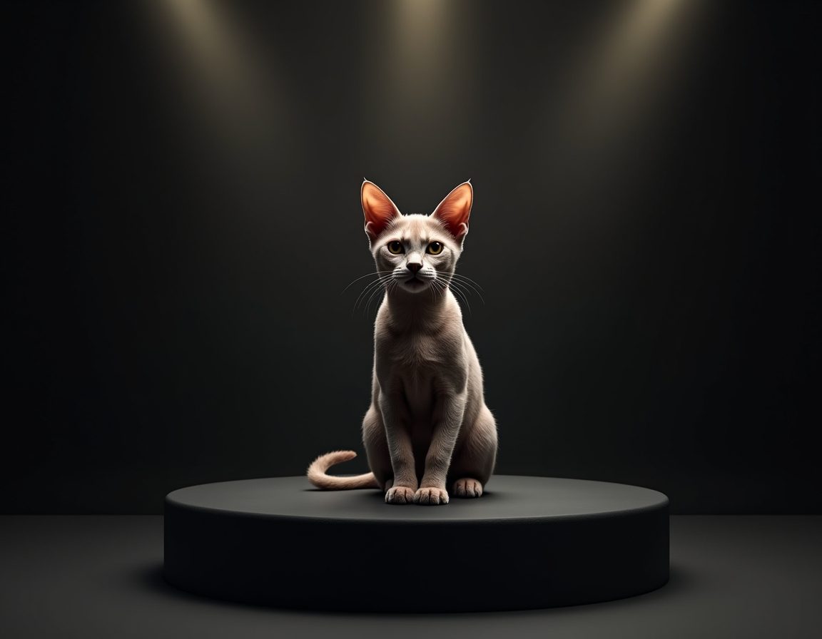 Photorealistic studio portrait of cat sitting elegantly on a black podium under a bright spotlight.