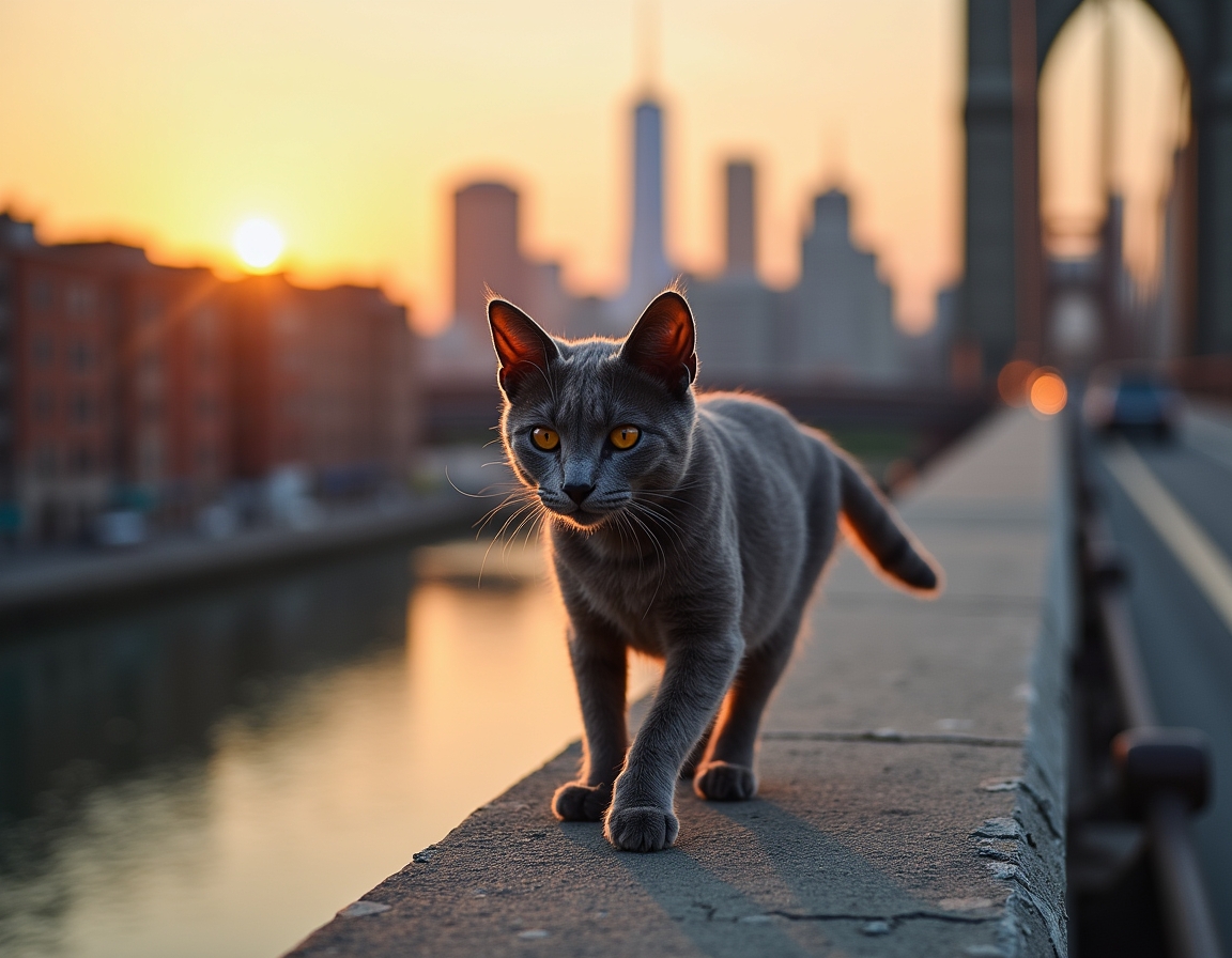 Cat explores a scenic urban bridge, taking in the breathtaking views of the skyline.