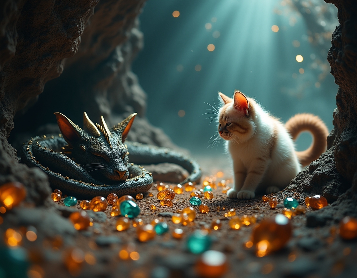 Cat explores a hidden cavern where a dragon slumbers among piles of glittering gems. Subtle beams of light illuminate the cat’s cautious journey through this fantastical realm.