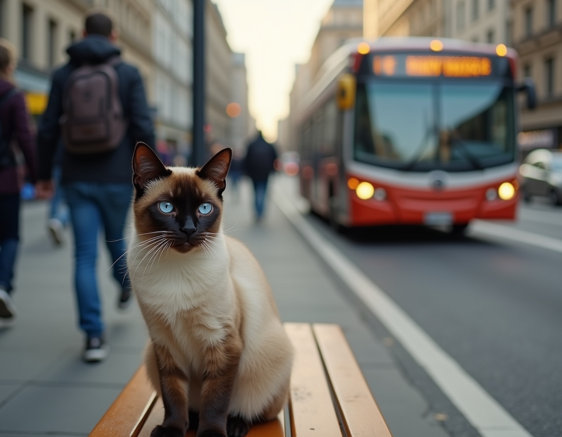Cat observes the activity of a city bus stop, soaking in the energy of urban life.