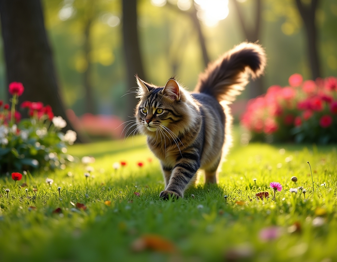 Cat enjoys a lively city park, playing and exploring the greenery amidst the urban backdrop.