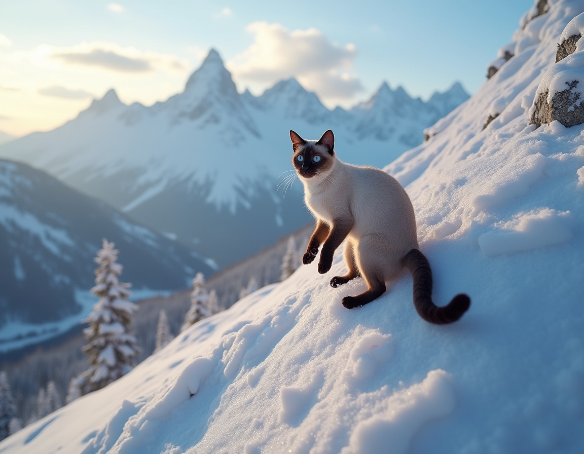 Cat climbs a snow-covered mountain, navigating the icy terrain with determination, surrounded by towering peaks and a breathtaking winter landscape.