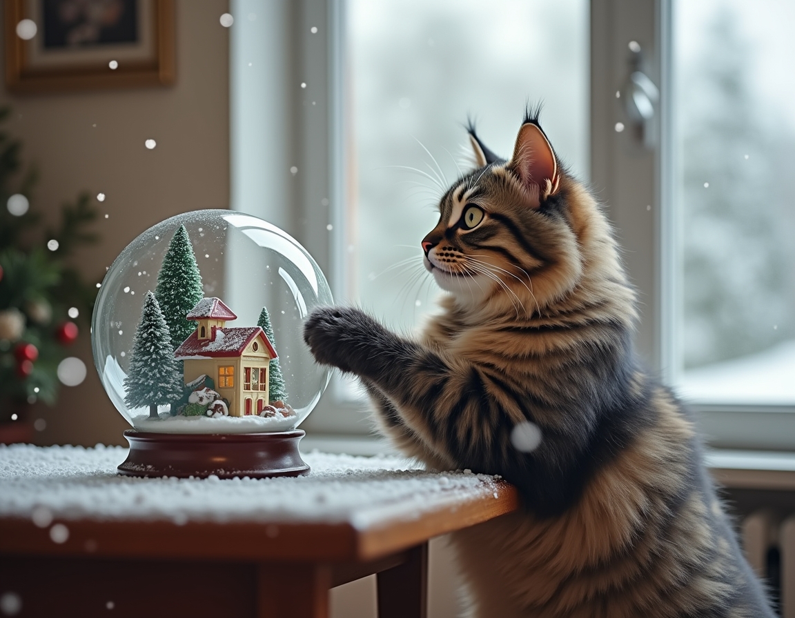 Playful cat bats at a snow globe on a table, mesmerized by the swirling snowflakes inside. The globe features a miniature Christmas village, while a snowy landscape is visible through the window in the background, enhancing the festive atmosphere.