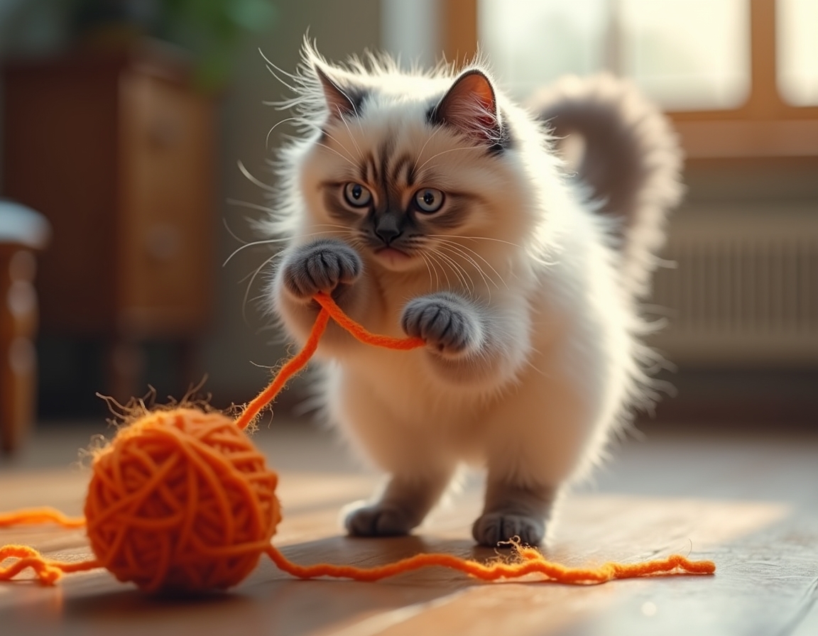 Cat pounces on a colorful ball of yarn on a wooden floor. The scene is bathed in soft sunlight streaming through a window, with a cozy room in the background.
