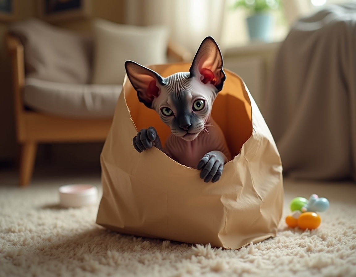 Cat hides partly inside a crumpled paper bag, with its paws playfully batting at the edges. The room features cozy decor with soft lighting and homey furniture.