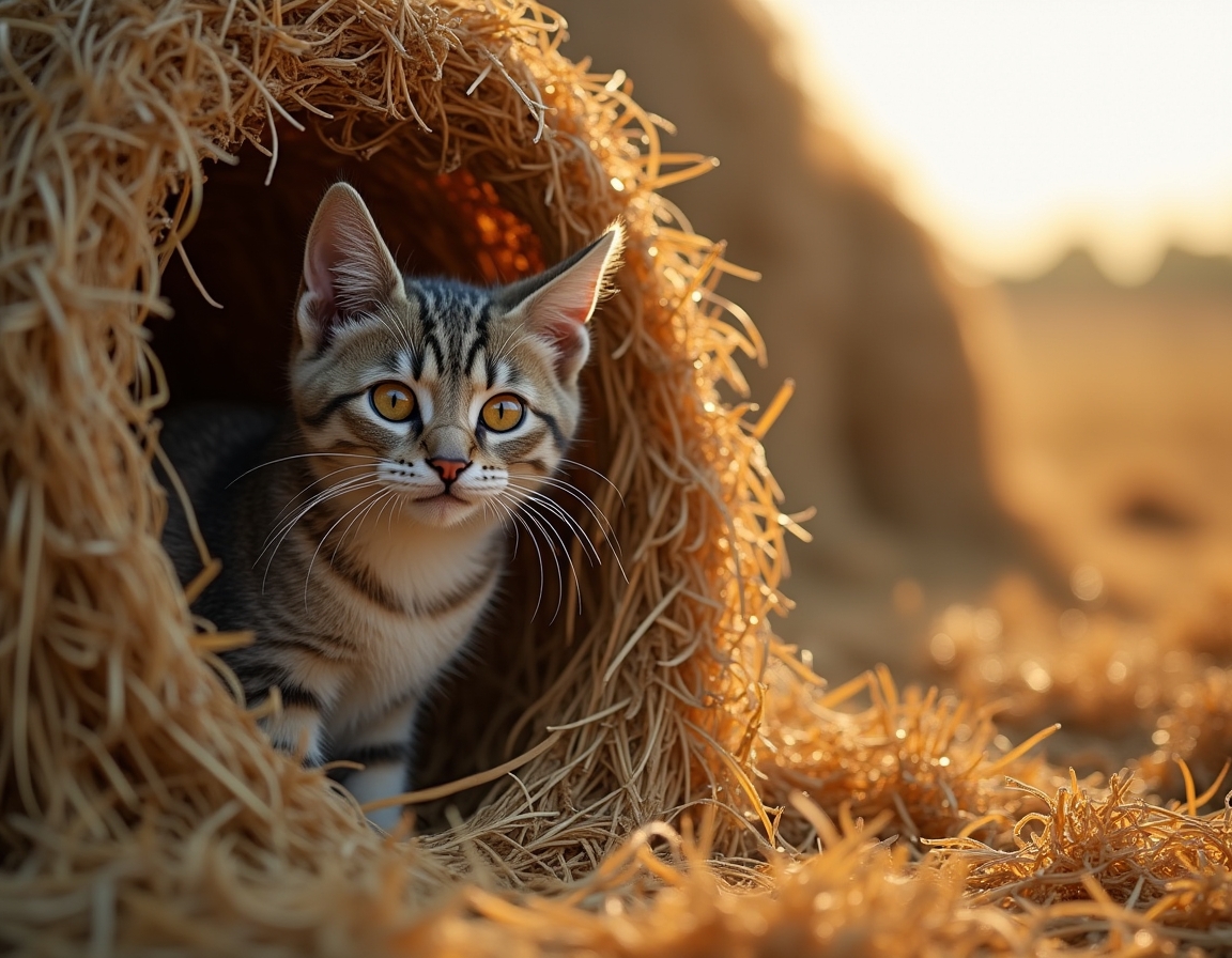 Cat finds a cozy nook within a haystack, soaking in the warmth and calm of the farm.