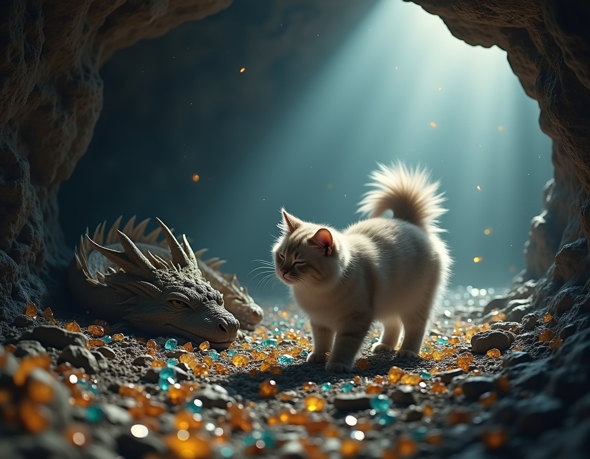 Cat explores a hidden cavern where a dragon slumbers among piles of glittering gems. Subtle beams of light illuminate the cat’s cautious journey through this fantastical realm.