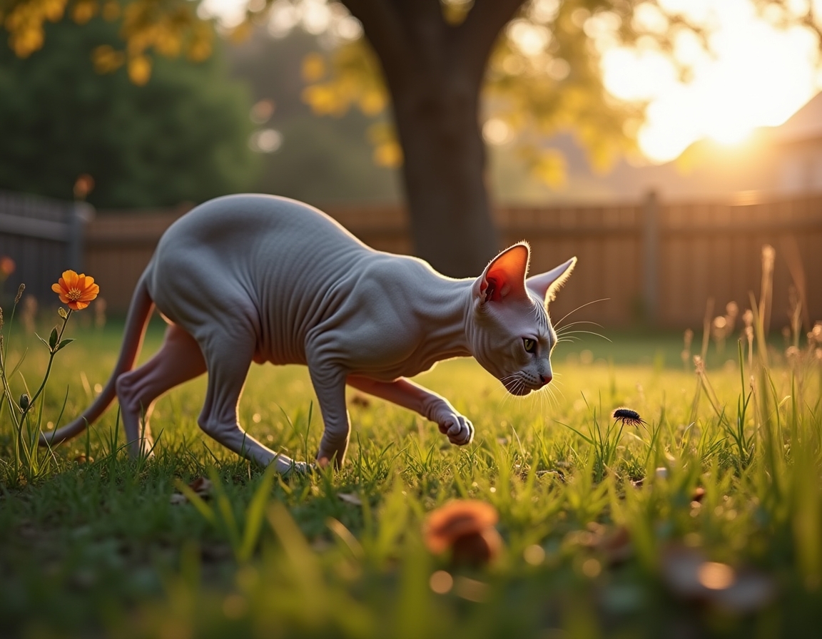 Cat crouches in tall grass, its sharp gaze fixed on a small insect nearby. The warm golden light of sunset and a wooden garden fence frame the scene.
