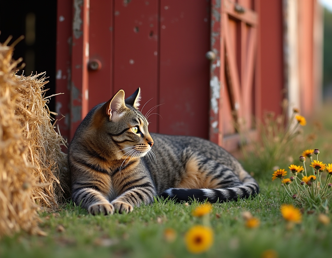 Cat rests peacefully near a barn, enjoying the tranquility of the countryside.