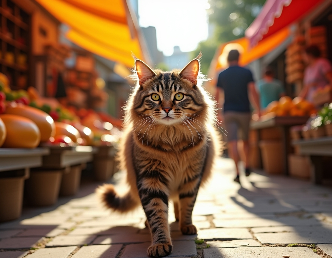 Cat wanders through a lively market, surrounded by fresh produce, baked goods, and aromas.