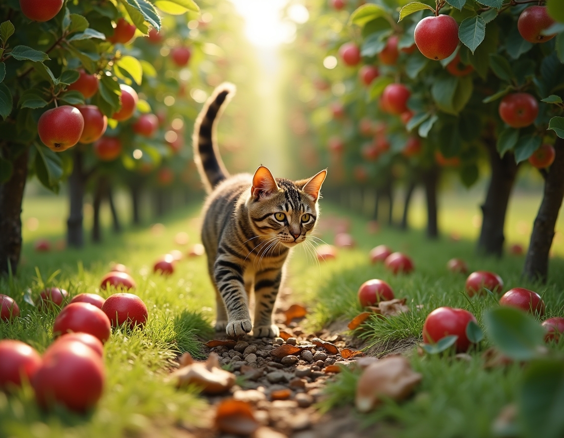 Cat explores an orchard filled with fragrant fruit and dappled sunlight.