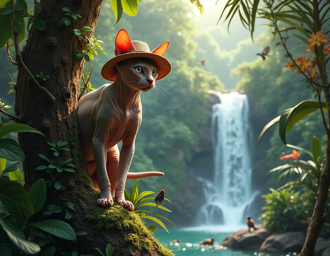 Cat wearing an explorer’s hat climbs a tree in a lush jungle. Waterfalls and dense greenery surround the scene, with sunlight filtering through the canopy.