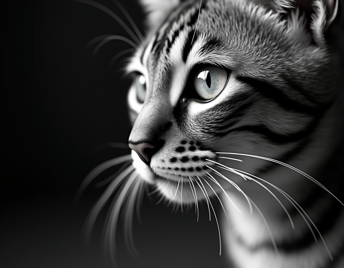 Close-up black and white studio portrait of a cat’s face, lit with soft diffused light. Every whisker, eyelash, and fur strand is rendered in hyper-detailed monochrome.