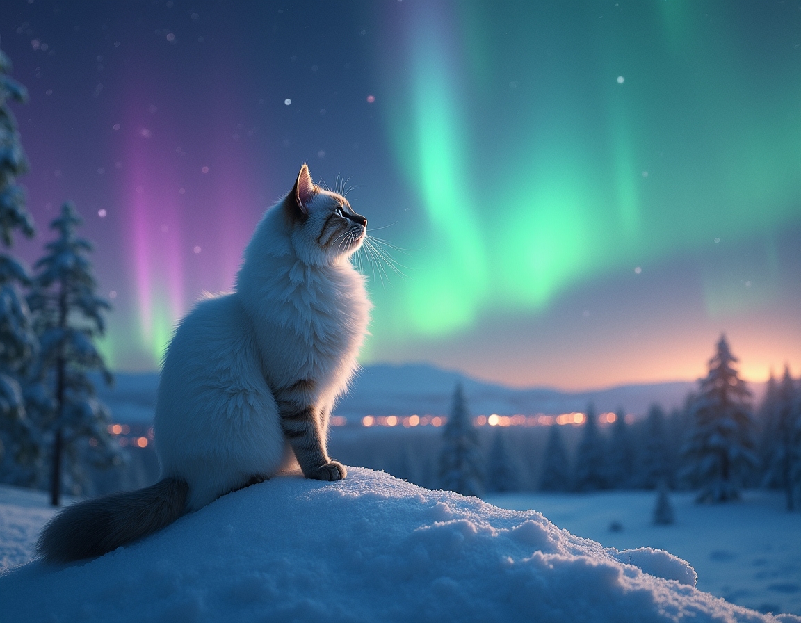 Cat watches in awe as the Northern Lights light up the night sky, casting vibrant colors across the snowy landscape, creating a surreal and magical winter adventure.