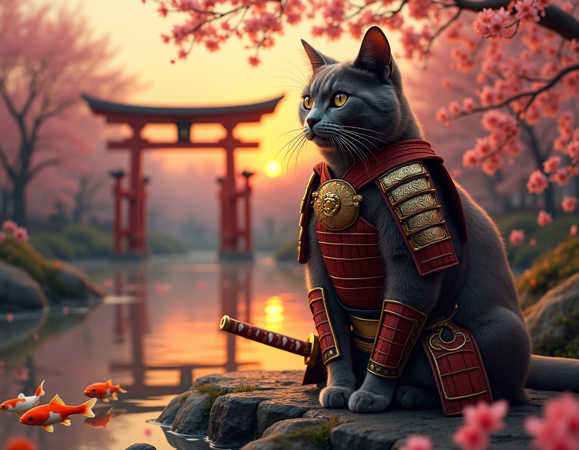 Cat dressed in ornate samurai armor sits in a serene Japanese garden at sunset. Cherry blossoms fall gently, and a koi pond reflects the golden light of the sky.