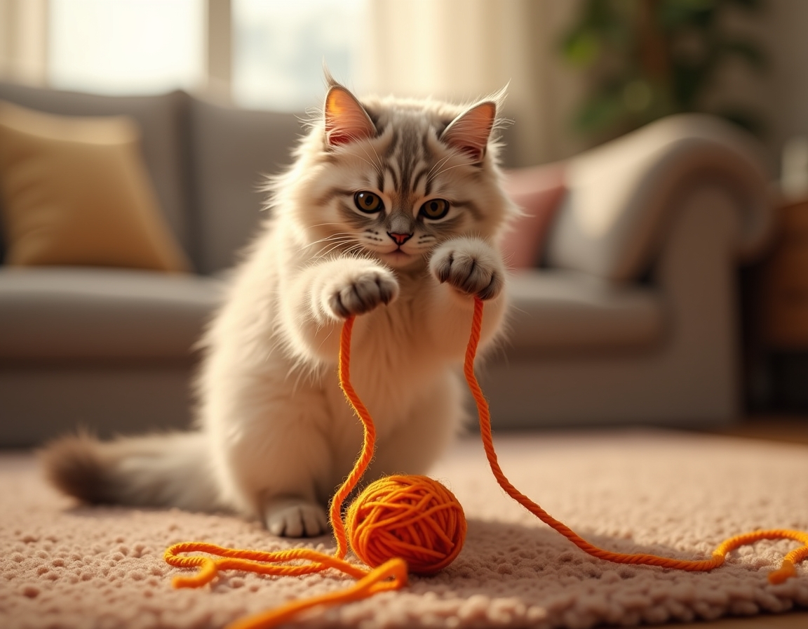 Cat pounces on a colorful ball of yarn on a wooden floor. The scene is bathed in soft sunlight streaming through a window, with a cozy room in the background.