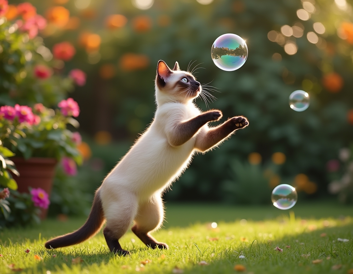 Cat leaps gracefully at a floating bubble, surrounded by a vibrant garden filled with flowers and greenery.