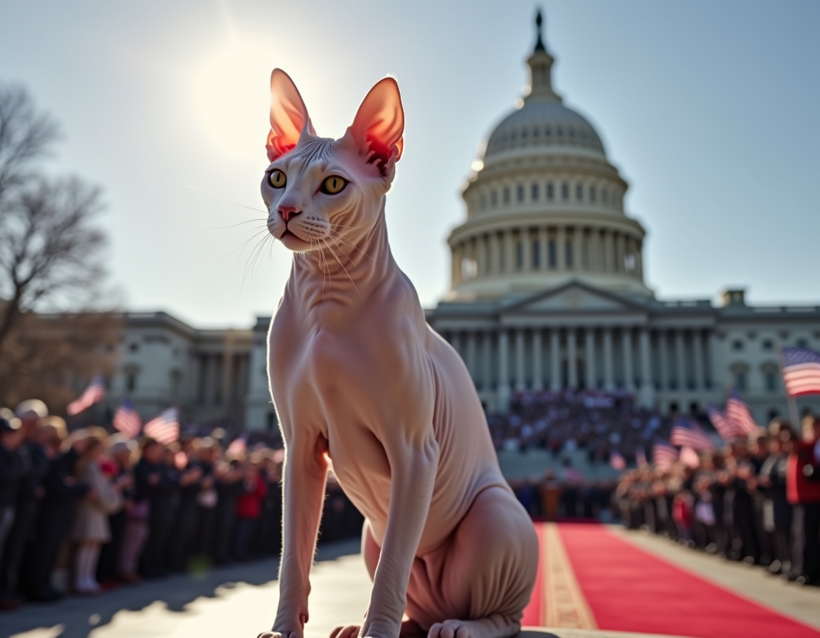 Cat on the Capitol steps during a historic inauguration, surrounded by flags and cheering crowds.