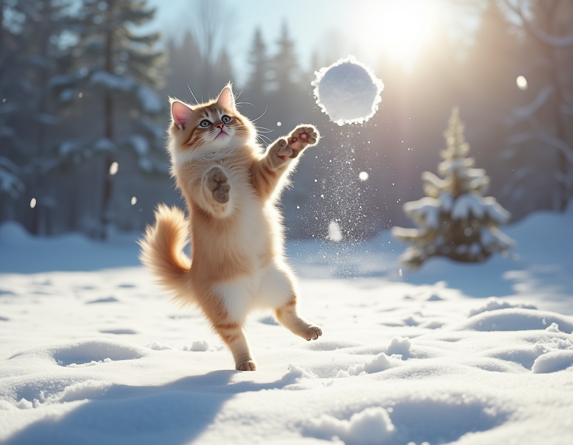 Cat leaps into the air, playfully trying to catch a snowball as it enjoys the winter wonderland with enthusiasm and excitement.