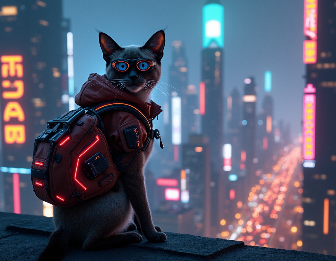 Cat stands on a futuristic skyscraper rooftop, wearing glowing cybernetic goggles. A neon-lit cityscape with flying cars and holograms stretches below.