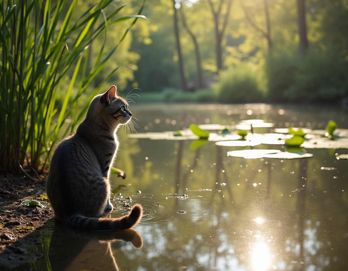 Cat observes a serene countryside pond, reflected in its still waters.
